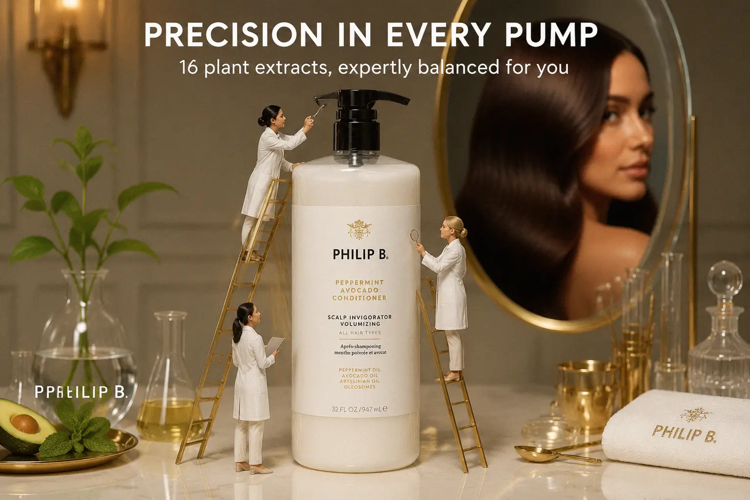 Large 32 oz white bottle of Philip B Peppermint Avocado Conditioner on a marble shelf.