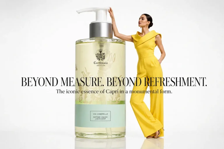 A sleek 350ml pump bottle of Carthusia Via Camerelle Liquid Soap on a clean white marble countertop.