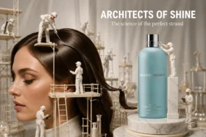 A sleek blue bottle of Molton Brown Coastal Cypress and Sea Fennel Shampoo on a minimalist marble shelf.