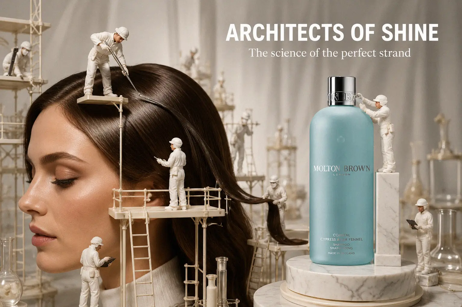 A sleek blue bottle of Molton Brown Coastal Cypress and Sea Fennel Shampoo on a minimalist marble shelf.