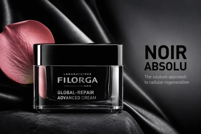 A premium glass jar of Filorga Global-Repair Advanced Cream sitting on a polished marble surface.