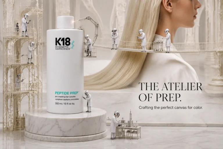 K18 Peptide Prep Pro Chelating Hair Complex spray bottle on a minimalist white bathroom shelf.