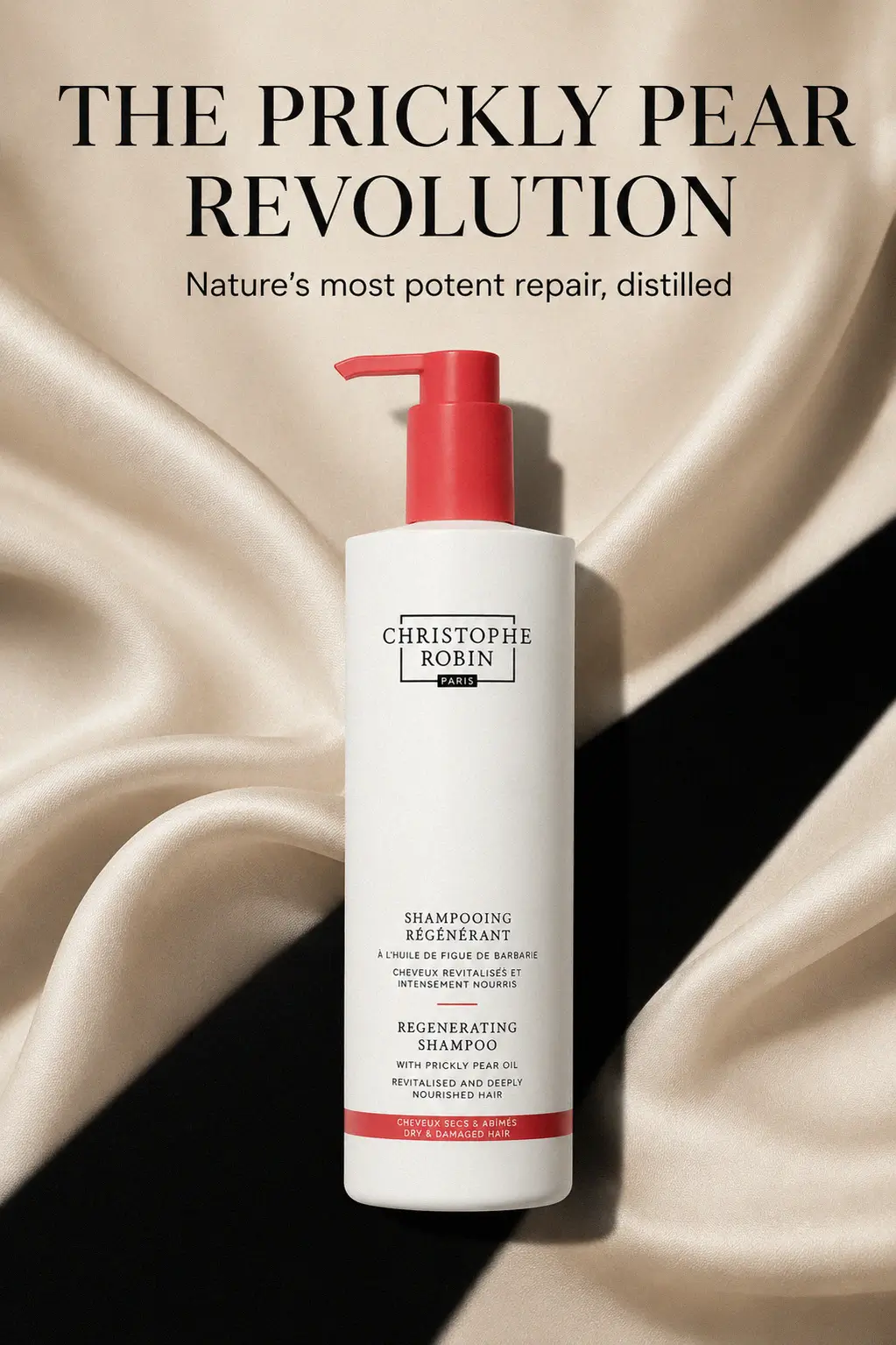 Premium restorative shampoo bottle on a marble vanity