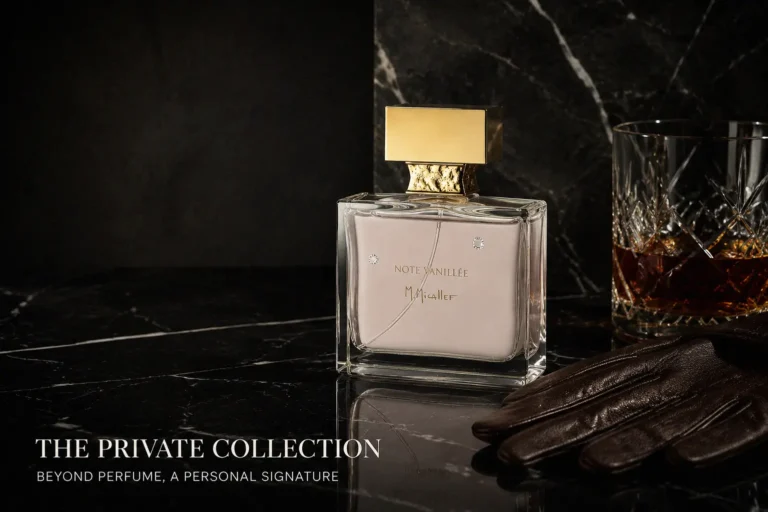 A refillable glass bottle of M. Micallef Note Vanillee Eau De Parfum sitting on a marble vanity.
