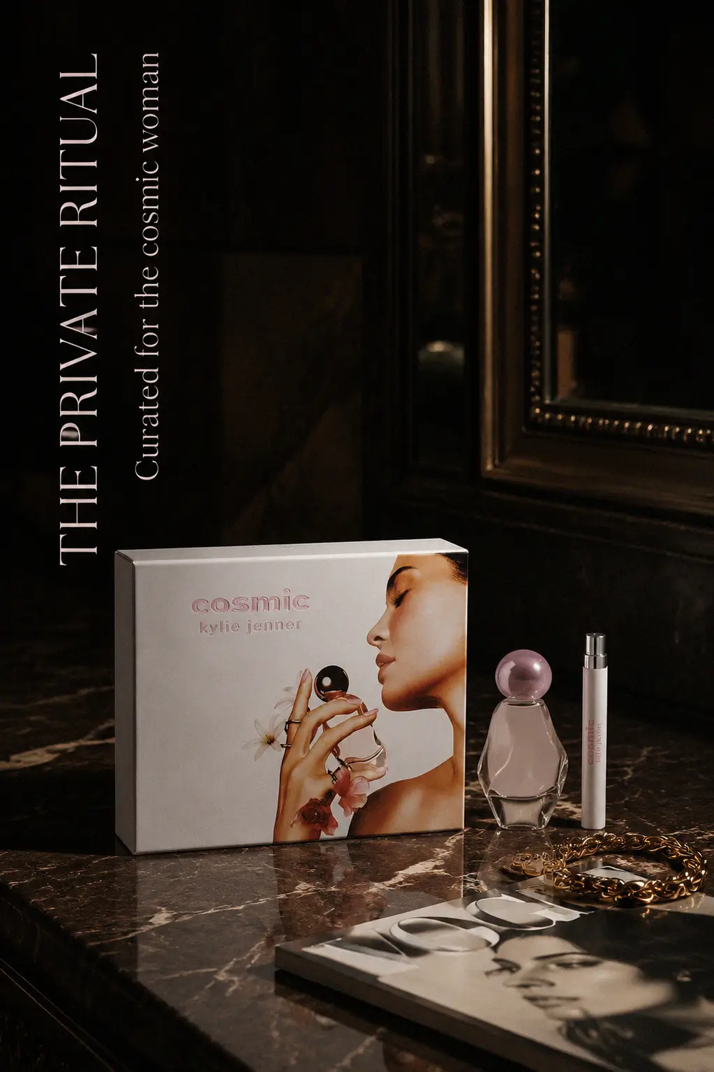 Sculptural glass bottle of floral amber perfume
