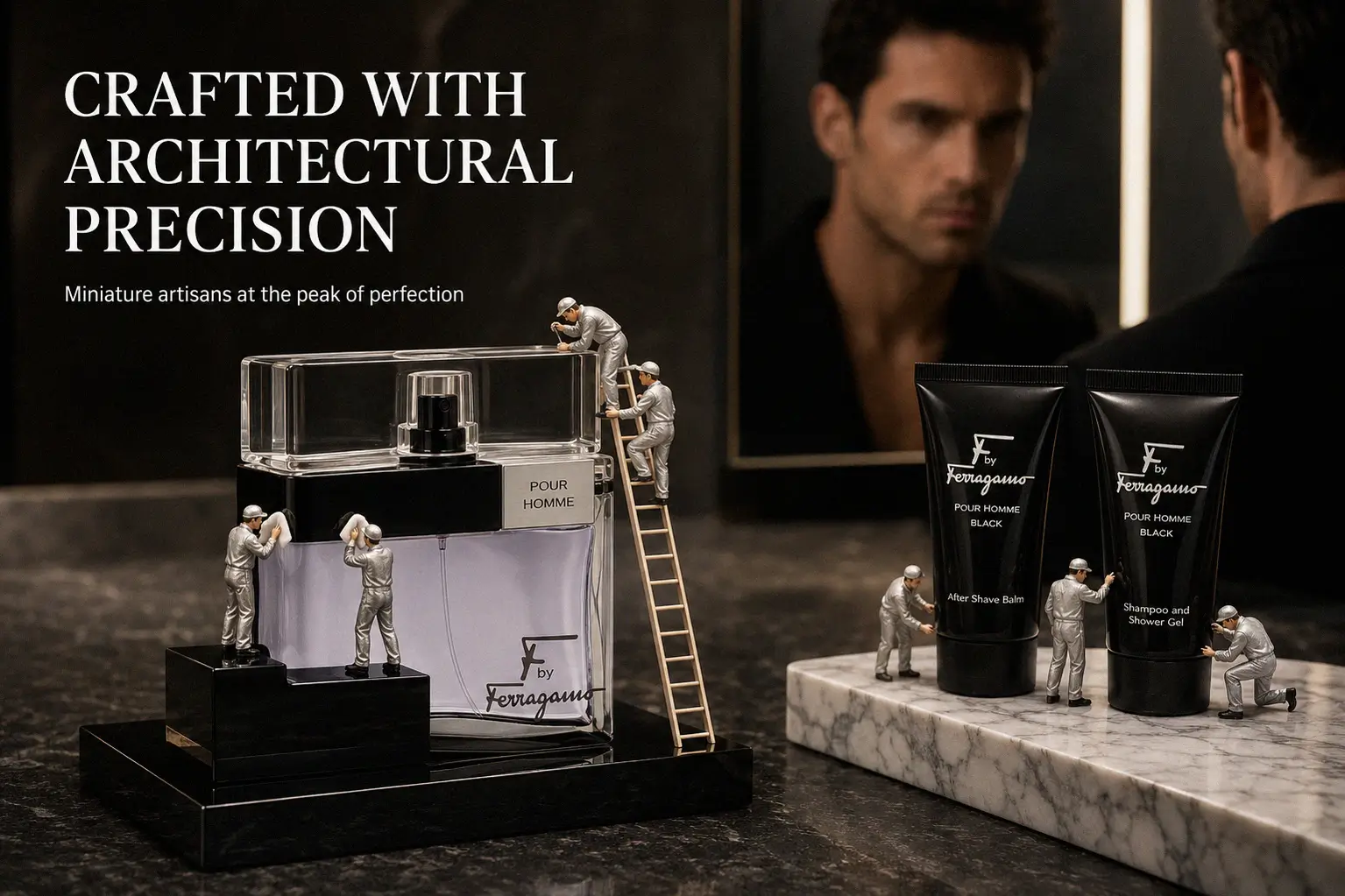 Salvatore Ferragamo F Black Gift Set with fragrance bottle, shower gel, and after shave on a clean background.