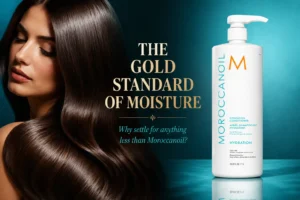 Large blue bottle of Moroccanoil Hydrating Conditioner on a minimalist marble bathroom vanity.