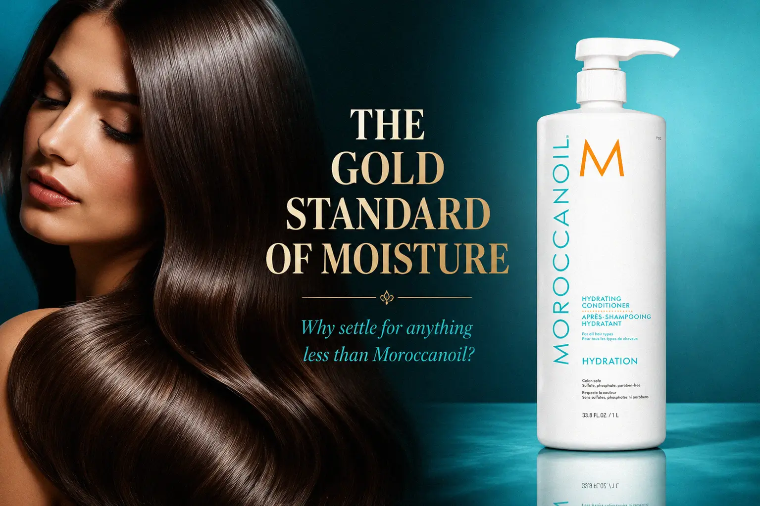 Large blue bottle of Moroccanoil Hydrating Conditioner on a minimalist marble bathroom vanity.