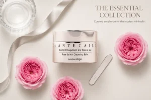 A pink jar of Chantecaille Rose De Mai Cleansing Balm with a small scoop spatula on a clean white surface.