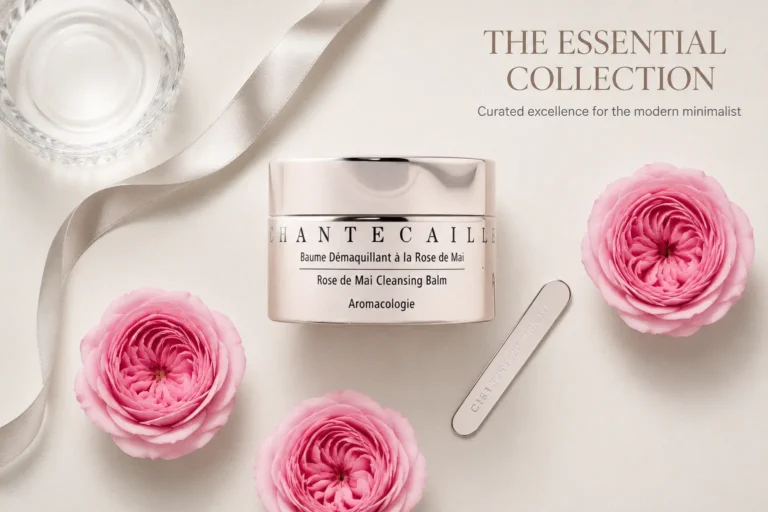 A pink jar of Chantecaille Rose De Mai Cleansing Balm with a small scoop spatula on a clean white surface.