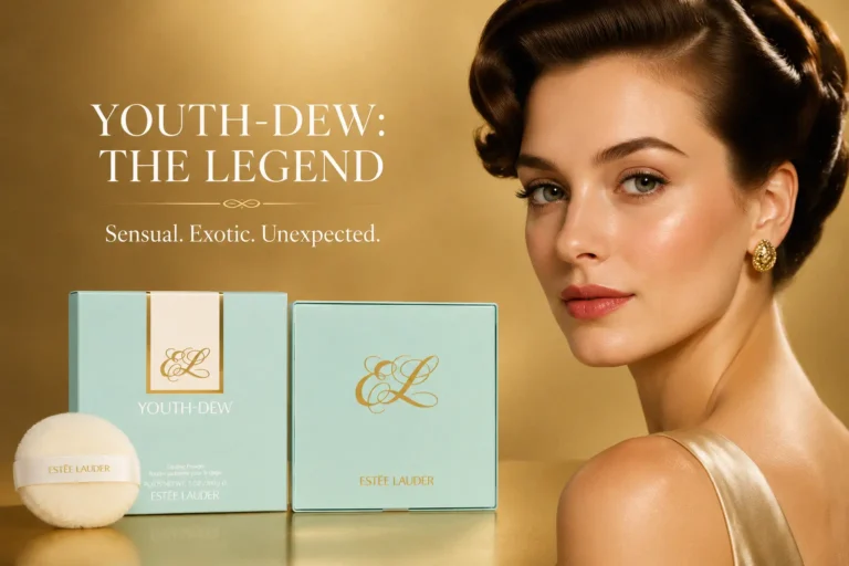 Estée Lauder Youth-Dew Dusting Powder in a signature blue box with a soft white puff.
