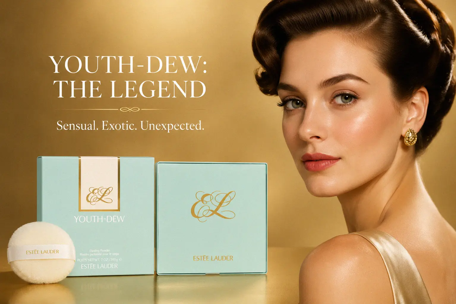 Estée Lauder Youth-Dew Dusting Powder in a signature blue box with a soft white puff.
