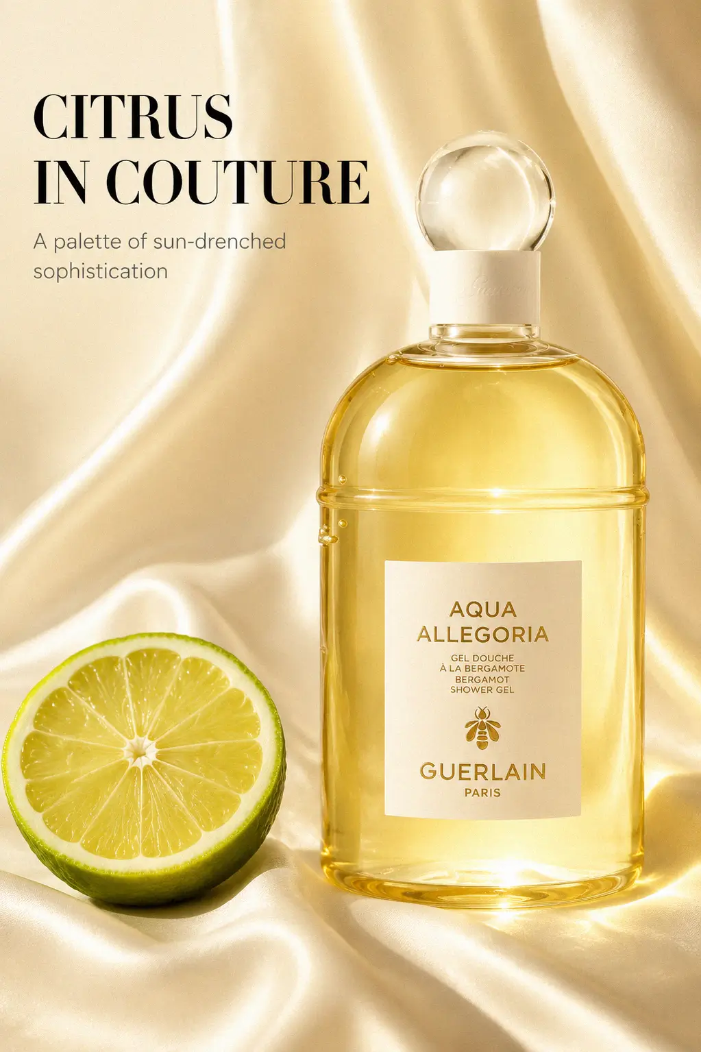 The signature Guerlain bath line bottle in a sunlit bathroom