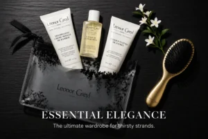 Leonor Greyl Paris travel pouch with oil, shampoo, and jasmine mask on a white surface.