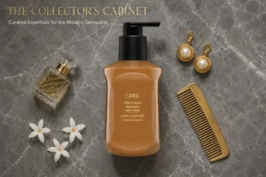 Close up of Oribe Côte d'Azur Restorative Body Crème in its elegant packaging on a white marble surface.