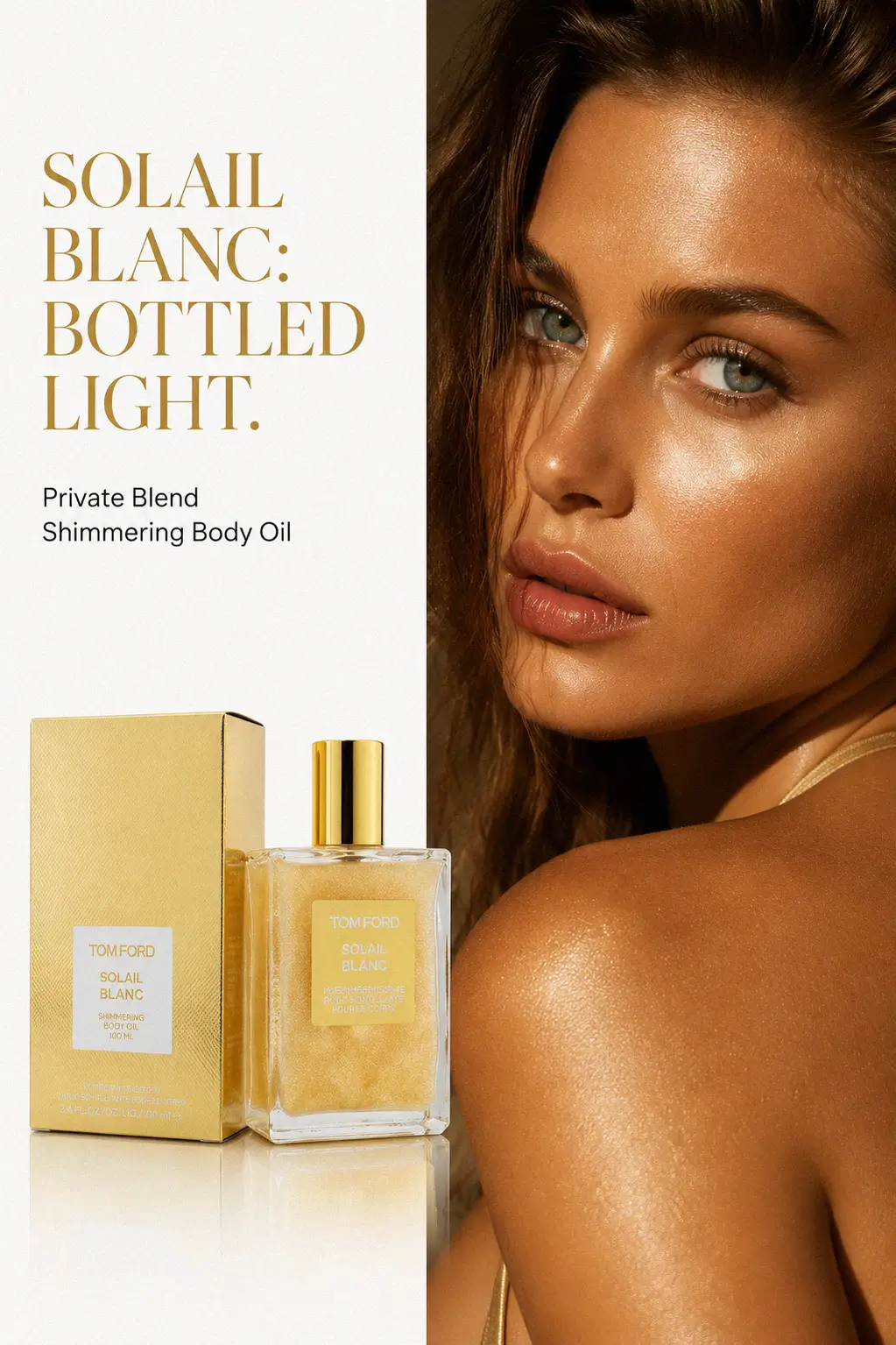 Tom Ford Soleil Blanc Shimmering Body Oil in an editorial setting