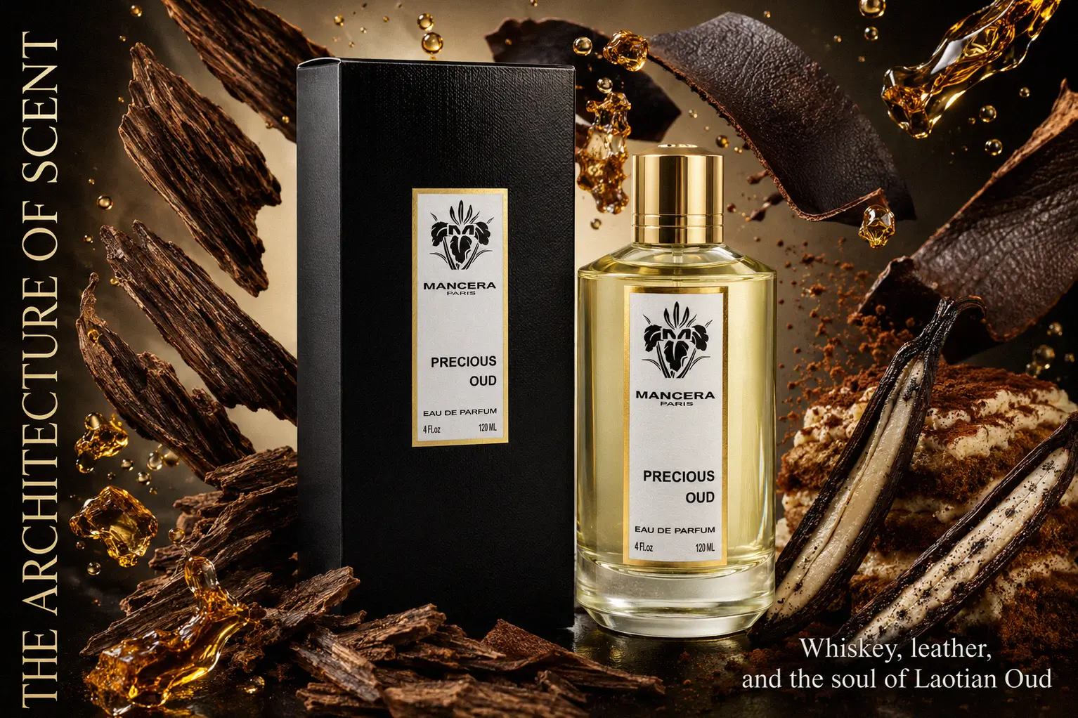 A tall clear glass bottle of Mancera Precious Oud fragrance with a gold cap on a clean surface.