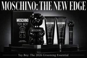 A black lacquered teddy bear shaped glass bottle with the Moschino Toy Boy Coffret grooming set components.