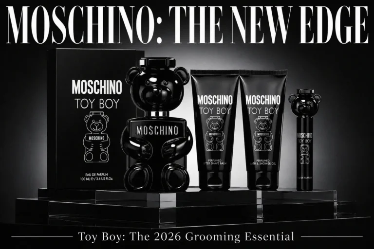 A black lacquered teddy bear shaped glass bottle with the Moschino Toy Boy Coffret grooming set components.