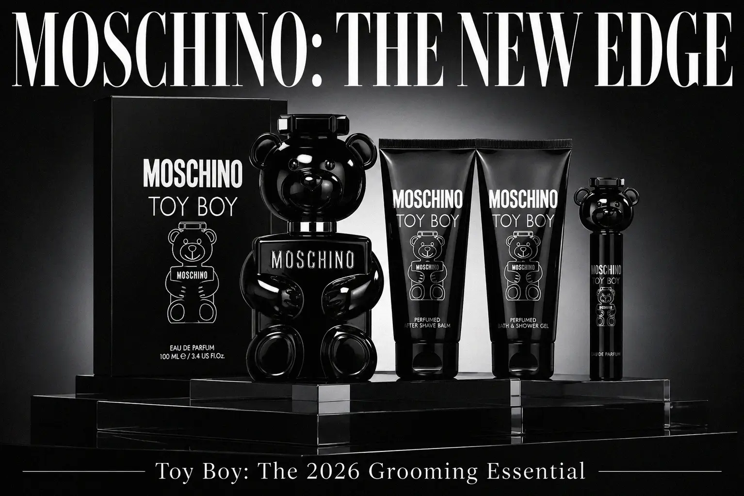 A black lacquered teddy bear shaped glass bottle with the Moschino Toy Boy Coffret grooming set components.