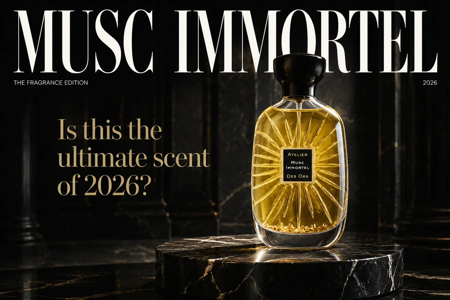 Clear glass perfume bottle with gold flakes inside and a black cap on a neutral background.