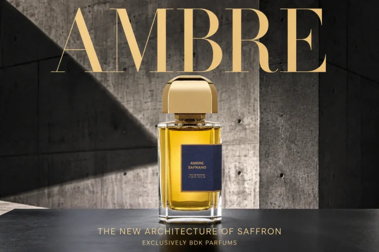 A 3.4oz glass spray bottle of BDK Parfums Ambre Safrano with a gold cap on a clean surface.