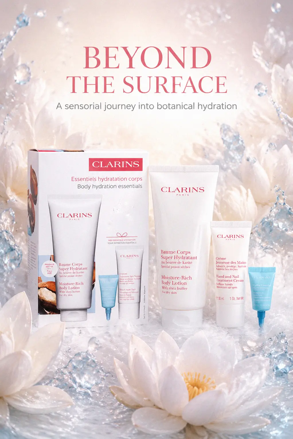 The elegant packaging of the Clarins body care set