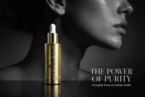 Clear glass bottle of Eve Lom Radiance Repair Retinol Serum on a polished white marble surface.