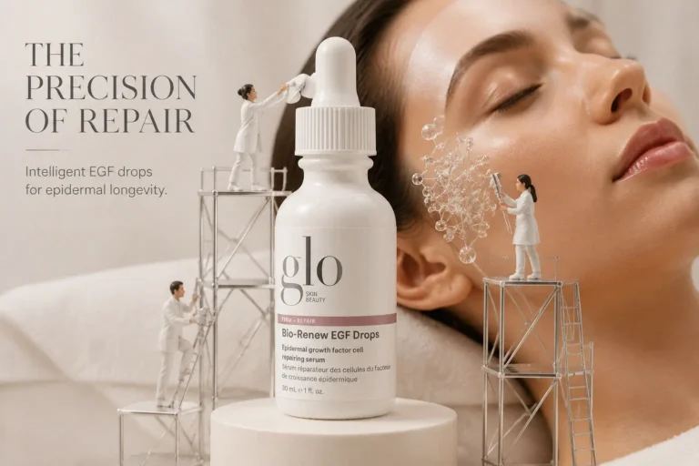 A minimalist 1 fl oz glass bottle of Glo Skin Beauty Bio-Renew EGF Drops on a white marble surface.