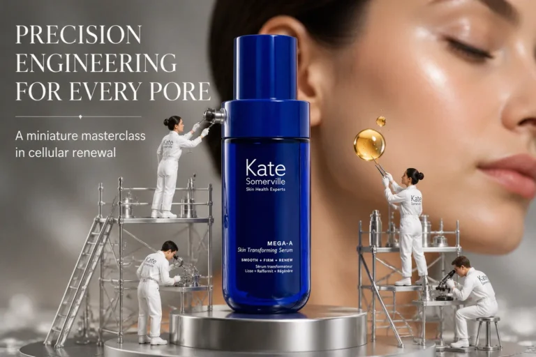 Kate Somerville Mega-A Skin Transforming Serum in an elegant airless pump bottle on a white surface.