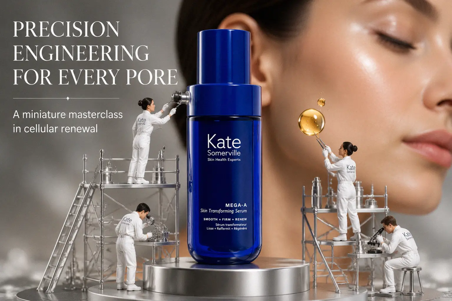 Kate Somerville Mega-A Skin Transforming Serum in an elegant airless pump bottle on a white surface.