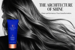 A sleek blue and bronze tube of Augustinus Bader Leave-In Hair Treatment on a clean white vanity.