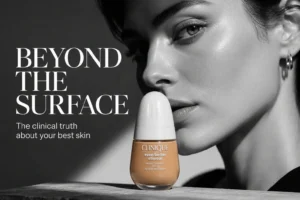A bottle of Clinique Even Better Clinical Serum Foundation on a polished vanity with soft lighting.