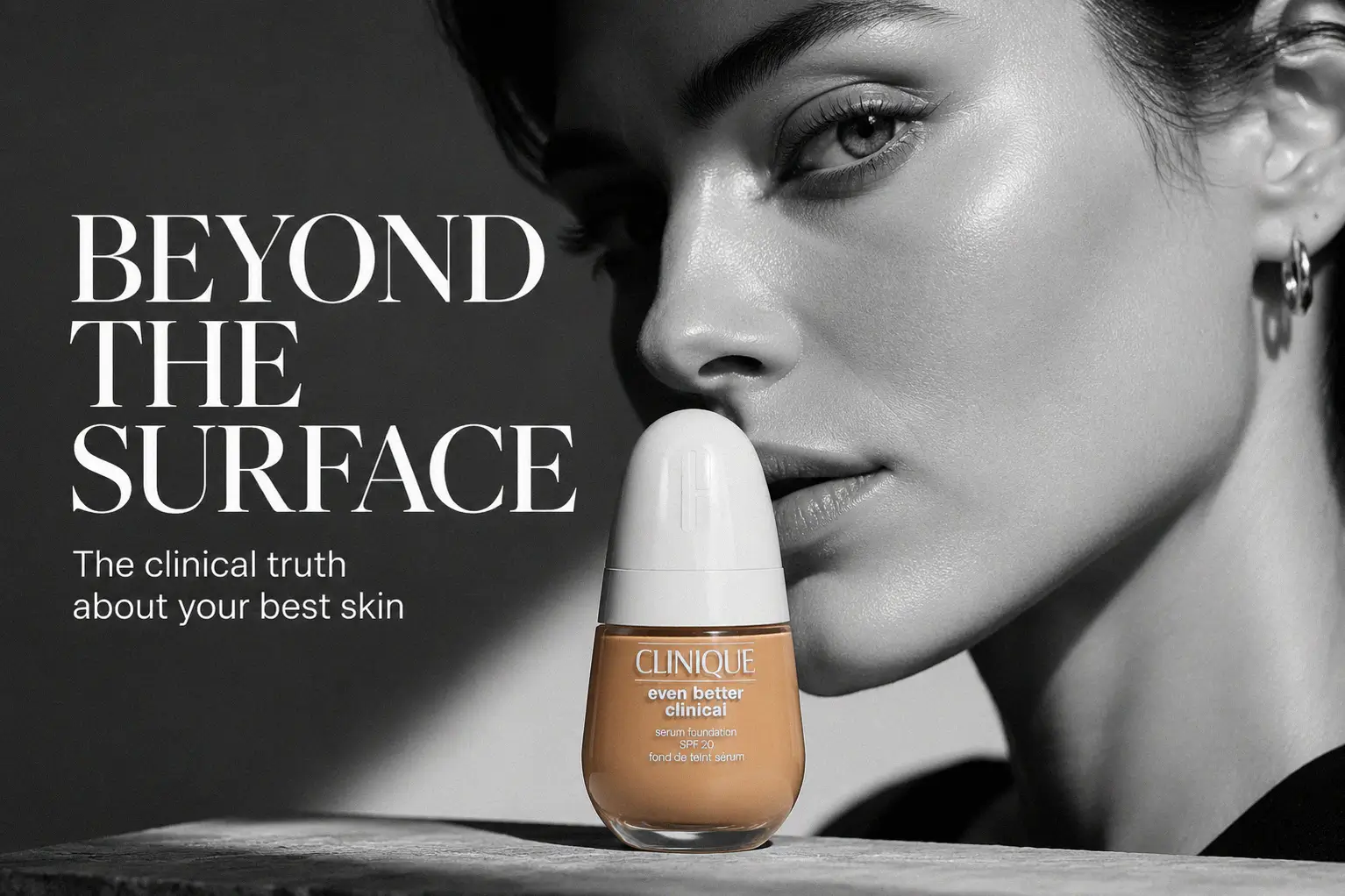 A bottle of Clinique Even Better Clinical Serum Foundation on a polished vanity with soft lighting.