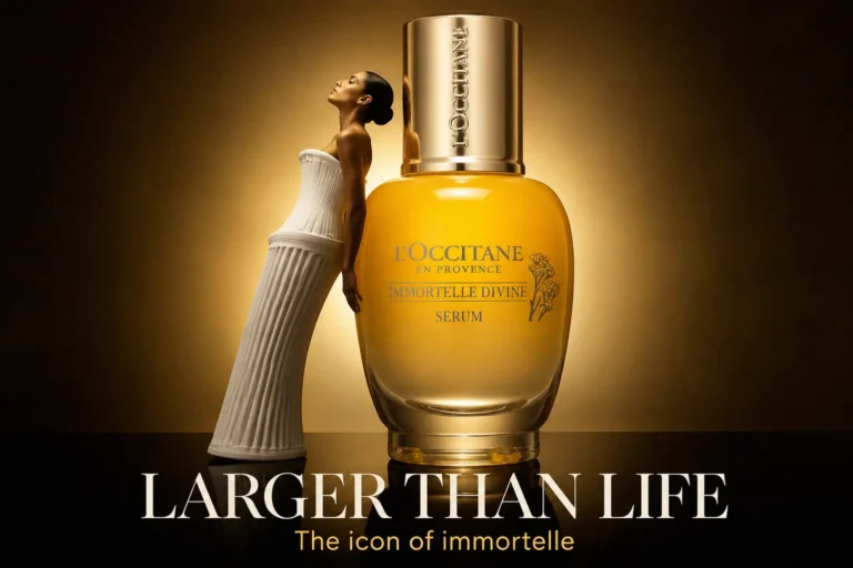A gold L'Occitane Immortelle Divine Serum bottle on a white marble surface with soft floral accents.