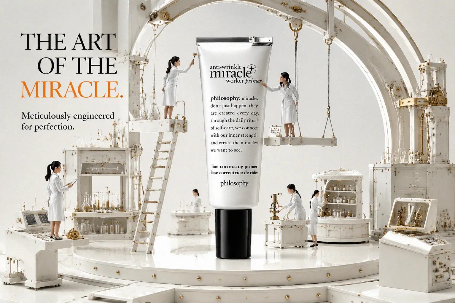 A bottle of Philosophy Anti-Wrinkle Miracle Worker Primer on a polished vanity with soft lighting.