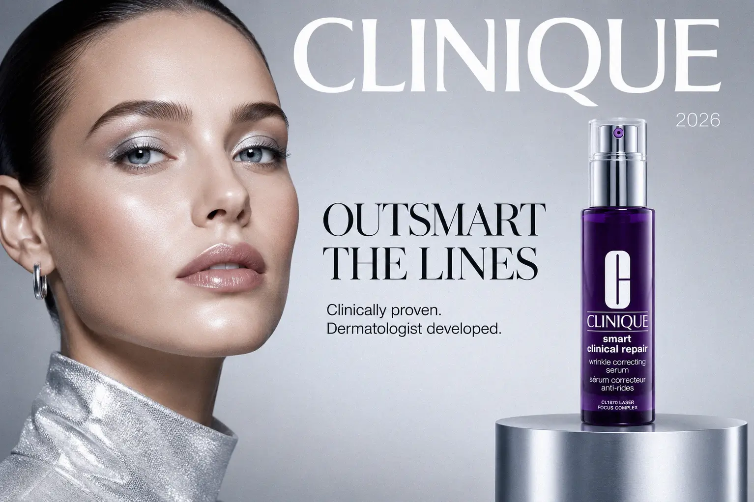 A 1.7 oz bottle of Clinique Smart Clinical Repair Wrinkle Correcting Serum on a marble vanity shelf.