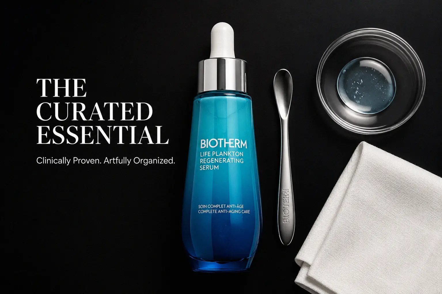 Clear glass bottle of Biotherm Life Plankton Elixir serum on a white marble surface with soft lighting.