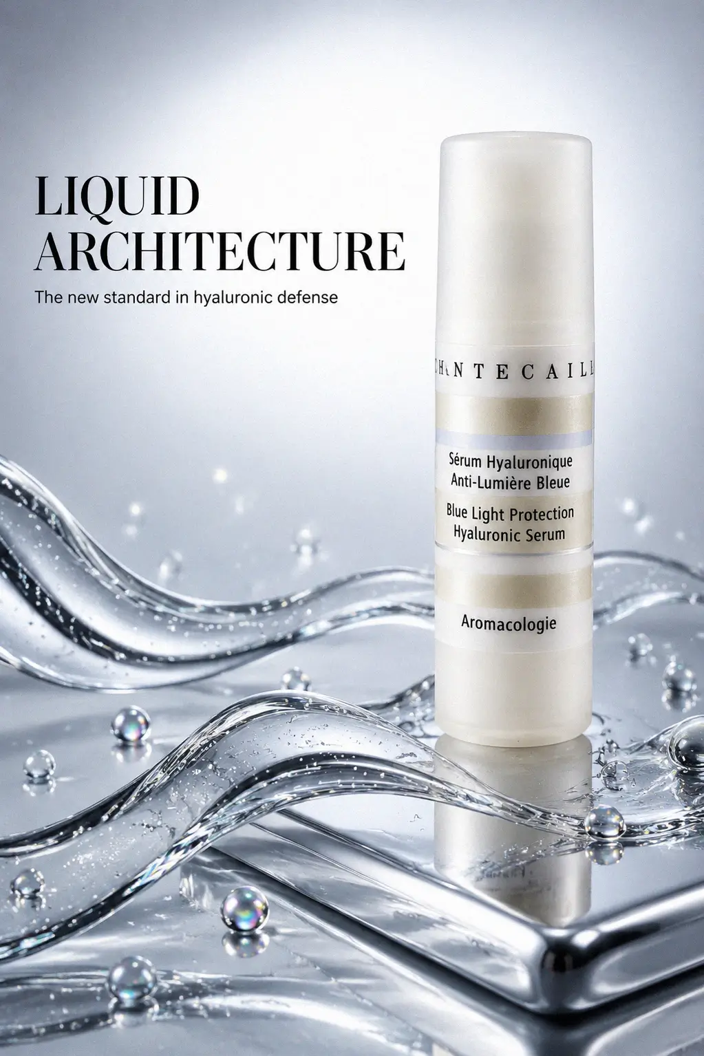 The Chantecaille serum bottle on a clean surface