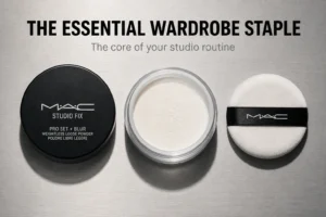 A sleek jar of MAC Studio Fix Pro Set and Blur powder with a plush applicator puff.