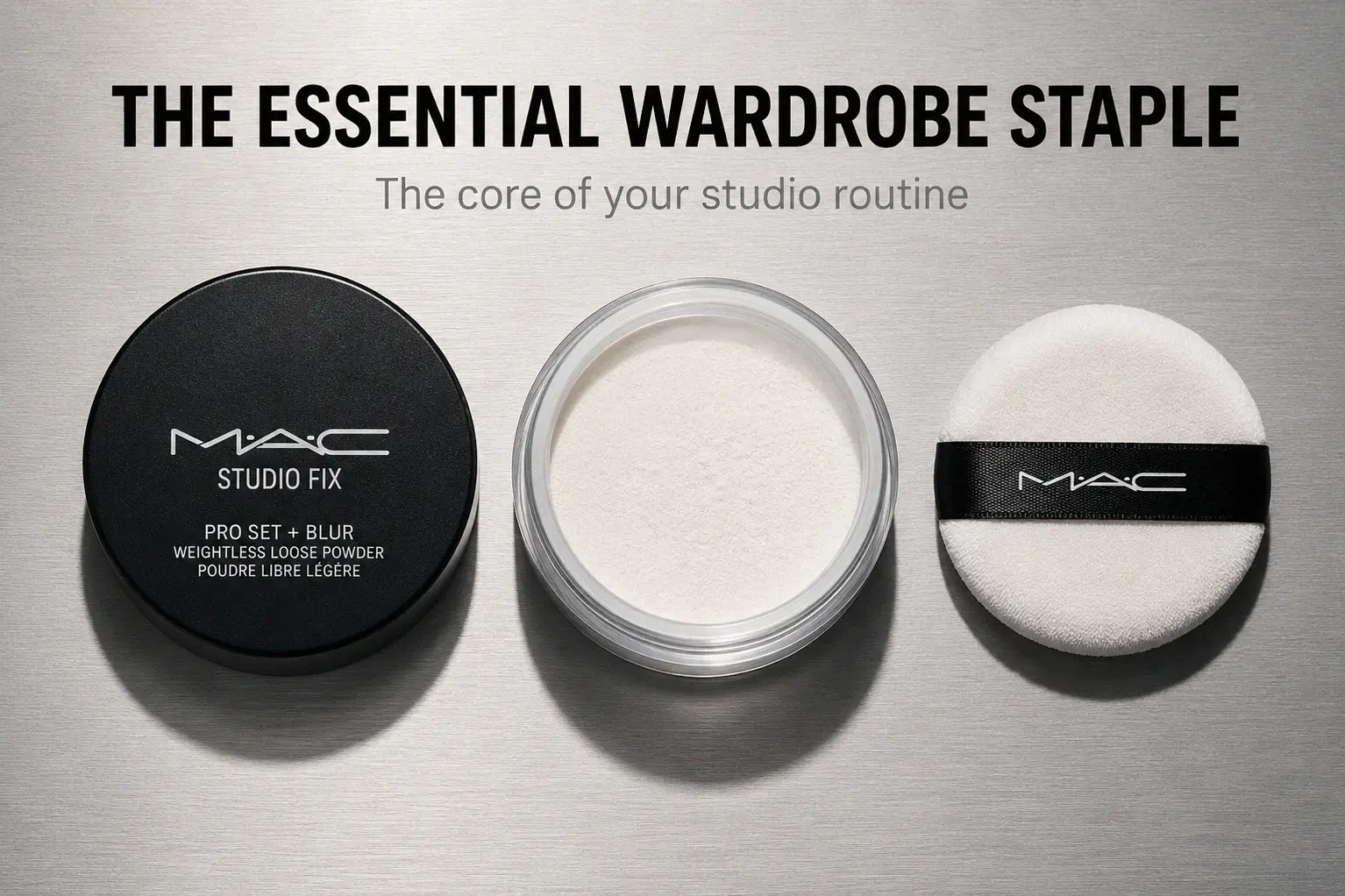 A sleek jar of MAC Studio Fix Pro Set and Blur powder with a plush applicator puff.