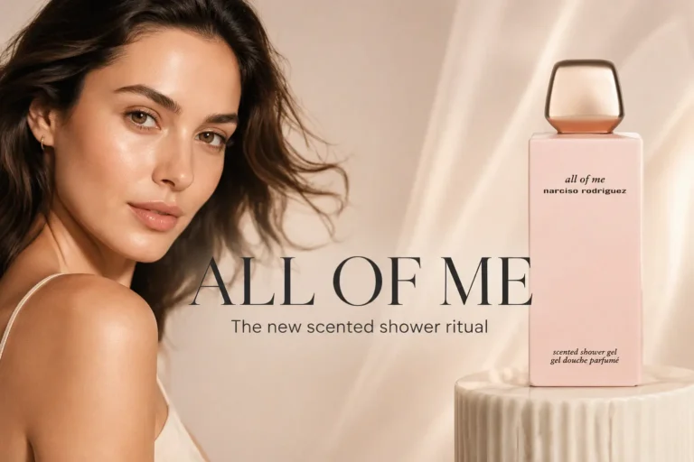 A sleek 200ml bottle of Narciso Rodriguez All Of Me Shower Gel with a metallic rose gold lid on a white surface.