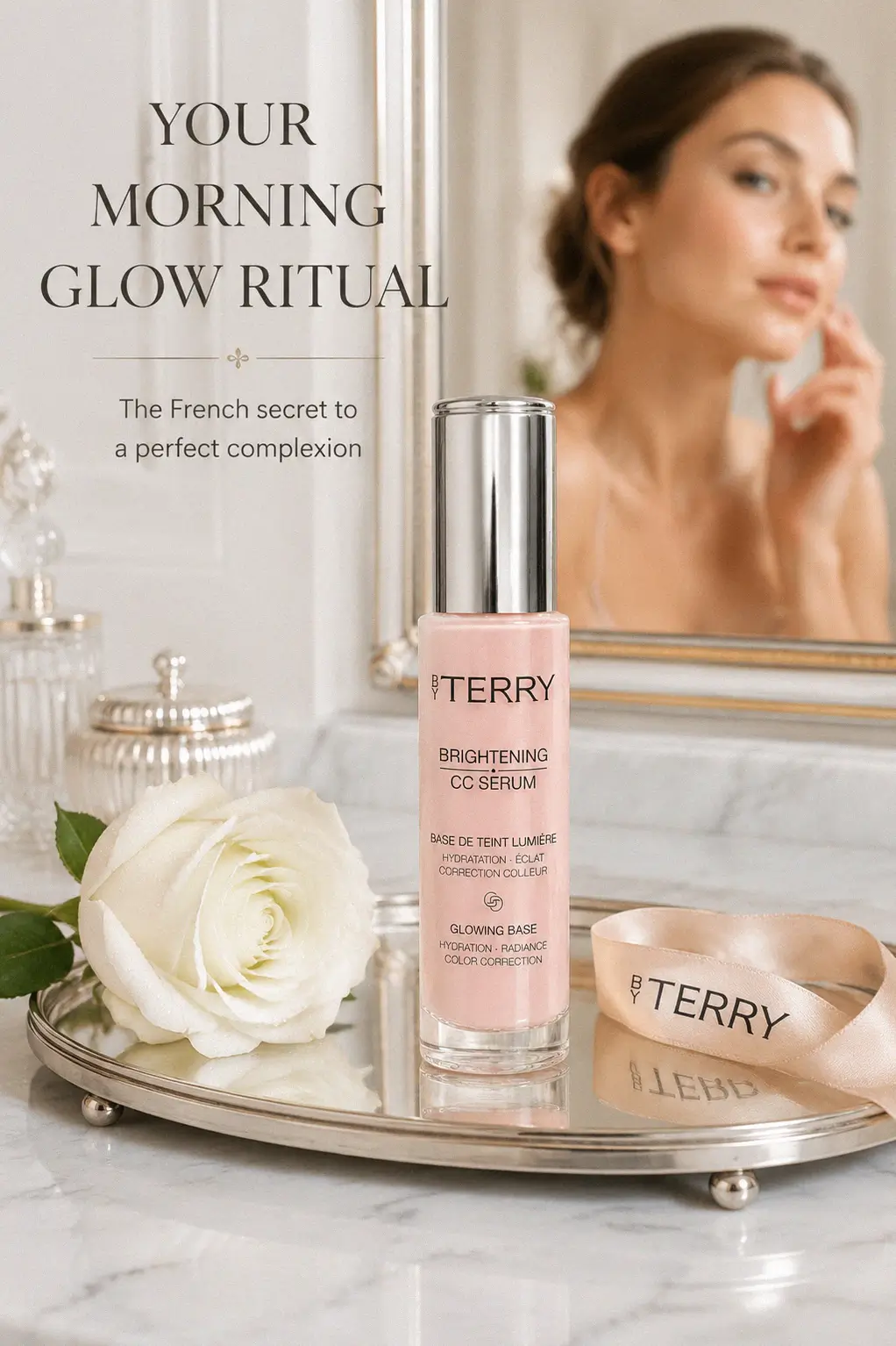 Elegant serum bottle on a vanity