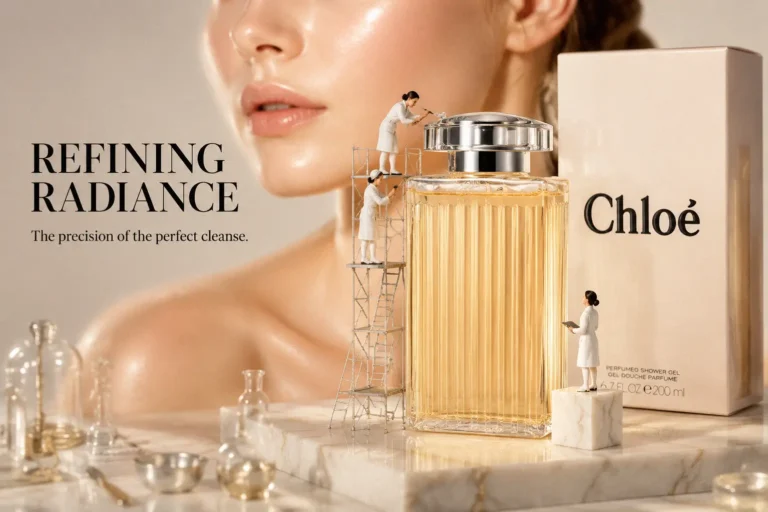 A chic bottle of Chloé Signature Perfumed Shower Gel on a white marble vanity next to fresh flowers.