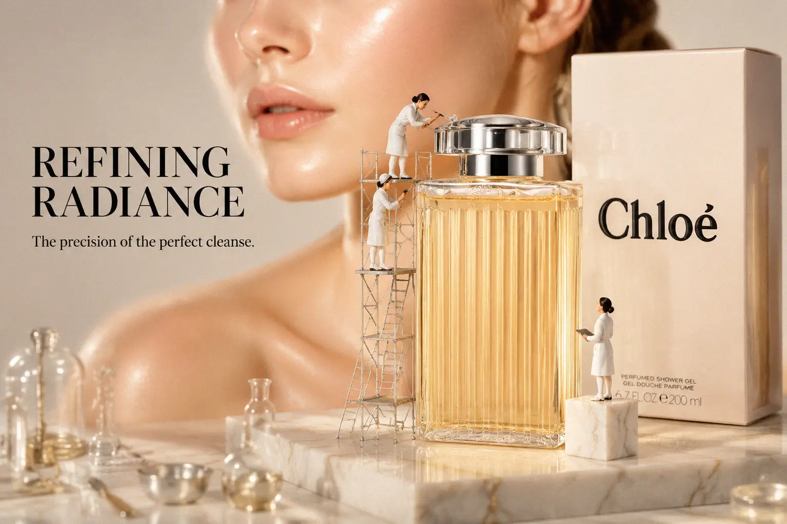 A chic bottle of Chloé Signature Perfumed Shower Gel on a white marble vanity next to fresh flowers.