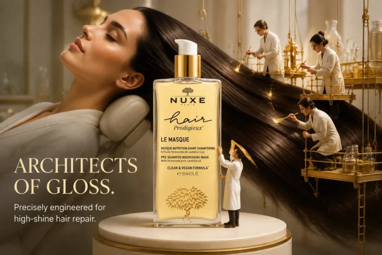 Nuxe Hair Prodigieux Pre-Shampoo Mask in a sleek tube, showcasing its elegant botanical branding.
