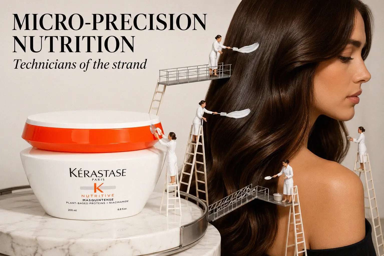 A 6.8 oz jar of Kerastase Nutritive Masquintense mask sitting on a polished white marble shelf with soft lighting.