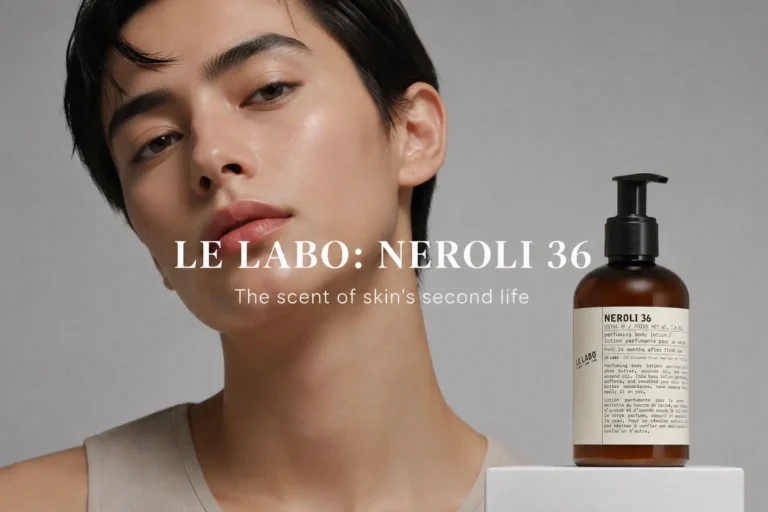 Sleek Le Labo Neroli 36 Body Lotion bottle on a marble bathroom vanity next to a white towel.