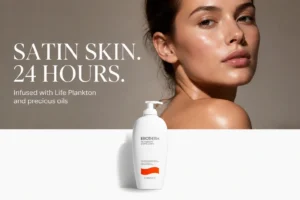 A 400 ml pump bottle of Biotherm Oil Therapy Baume Corps Nutri body treatment on a clean vanity.