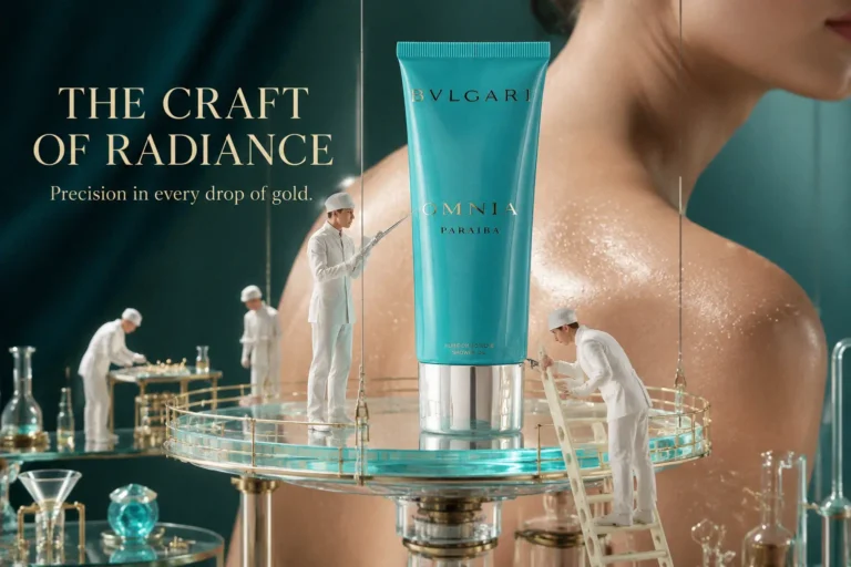 Bvlgari Omnia Paraiba Shower Oil in a sleek bottle, highlighting the tropical floral fruity scent profile.